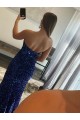 Best Strapless Sleeveless Long Sweep Train Velvet Sequin Prom Dress with Side Slit