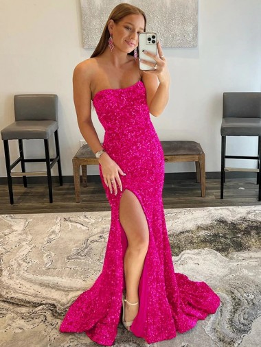 Best Strapless Sleeveless Long Sweep Train Velvet Sequin Prom Dress with Side Slit