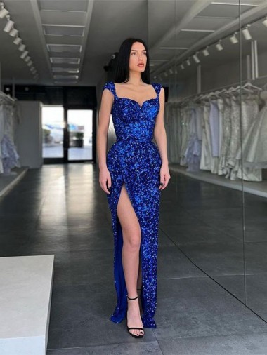Best Sleeveless Long Sweep Train Velvet Sequin Prom Dress with High Slit and Straps