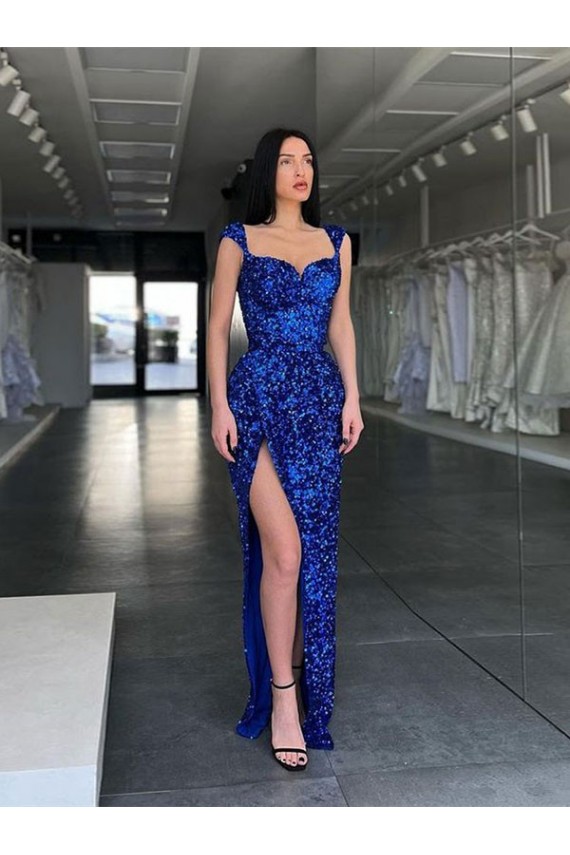 Best Sleeveless Long Sweep Train Velvet Sequin Prom Dress with High Slit and Straps