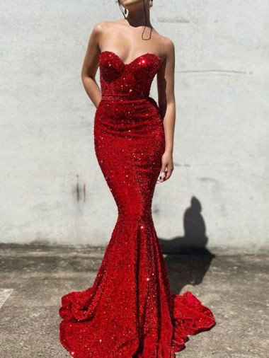 Best Mermaid Sweetheart Sleeveless Long Court Train Velvet Sequin Prom Dress