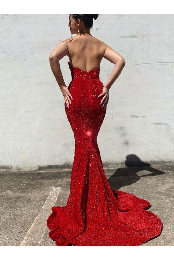 Best Mermaid Sweetheart Sleeveless Long Court Train Velvet Sequin Prom Dress