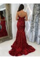 Best Sweetheart Sleeveless Long Court Train Velvet Sequin Prom Dress