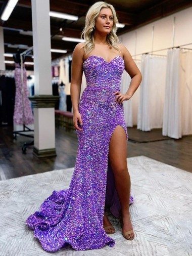 Best A-Line Sweetheart Sleeveless Long Velvet Sequin Prom Dress with Slit