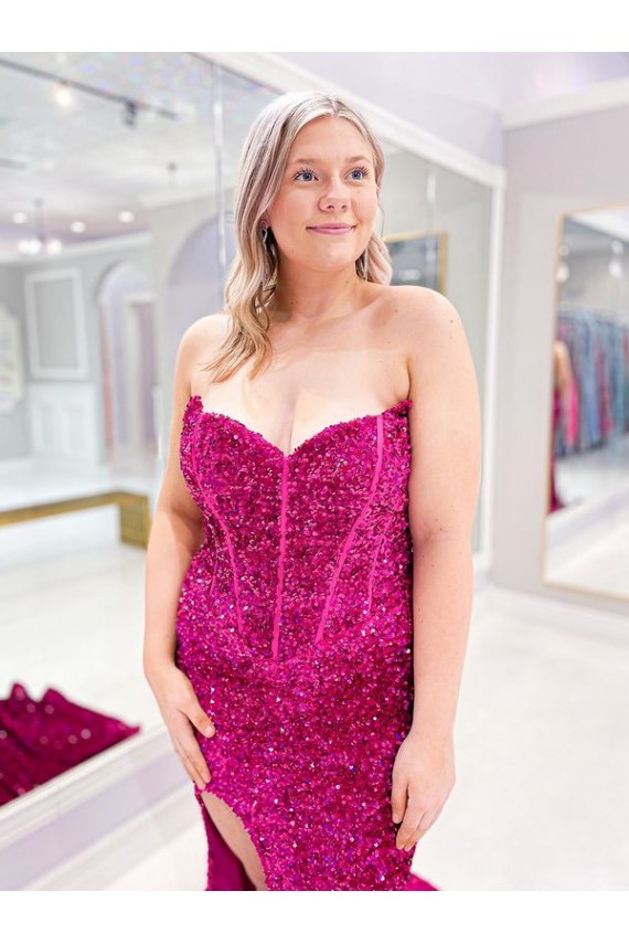 Best Long Sweetheart Sleeveless Sweep Train Velvet Sequin Prom Dress with Slit