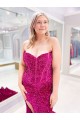 Best Long Sweetheart Sleeveless Sweep Train Velvet Sequin Prom Dress with Slit