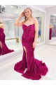 Best Long Sweetheart Sleeveless Sweep Train Velvet Sequin Prom Dress with Slit