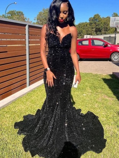 Best Mermaid Sweetheart Sleeveless Long Floor Length Velvet Sequin Prom Dress