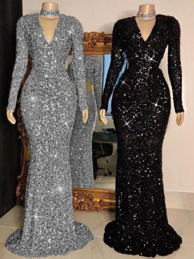 Best V-Neck Long Sleeves Long Sweep Train Velvet Sequin Prom Dress