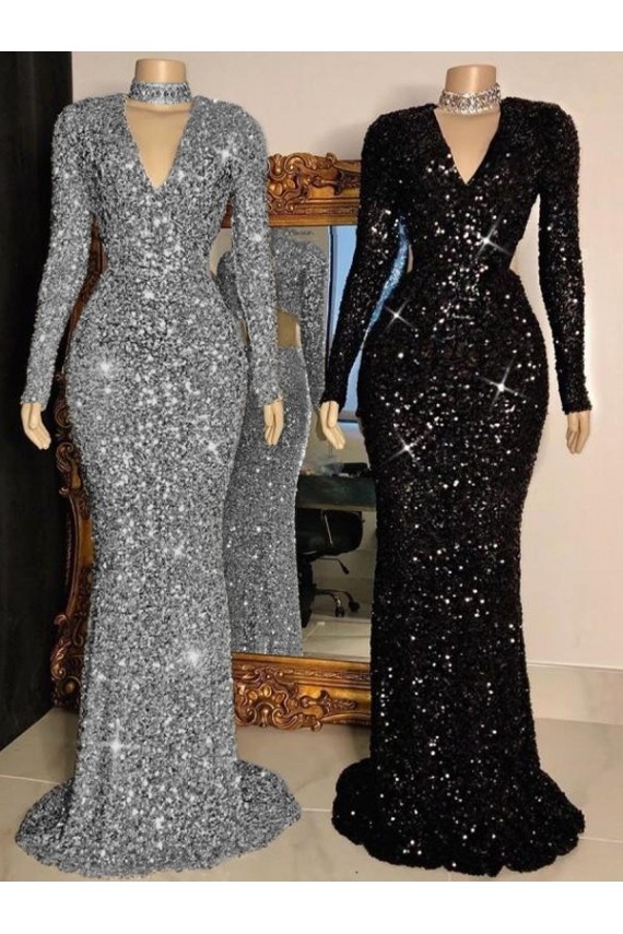 Best V-Neck Long Sleeves Long Sweep Train Velvet Sequin Prom Dress