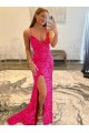 Best Velvet Sequin Long V-Neck Sleeveless Sweep Train Prom Dress with Slit
