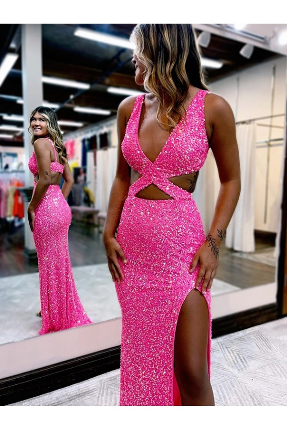 Best Long V-Neck Sleeveless Sweep Train Velvet Sequin Prom Dress with High Slit