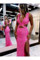 Best Long V-Neck Sleeveless Sweep Train Velvet Sequin Prom Dress with High Slit