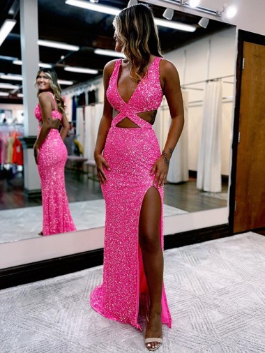 Best Long V-Neck Sleeveless Sweep Train Velvet Sequin Prom Dress with High Slit