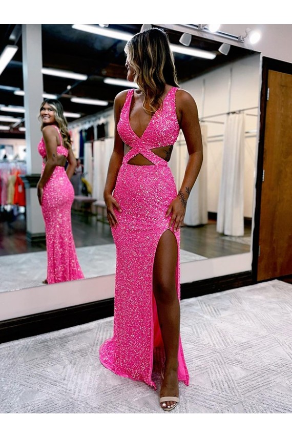 Best Long V-Neck Sleeveless Sweep Train Velvet Sequin Prom Dress with High Slit