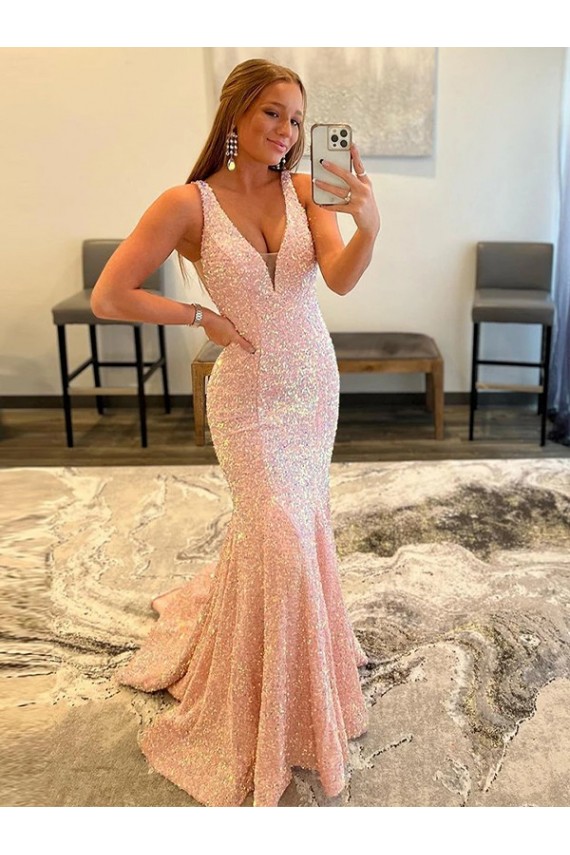 Best Deep V-Neck Sleeveless Long Low Back Velvet Sequin Prom Dress