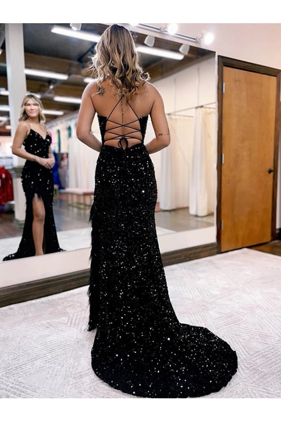 Best V-Neck Sleeveless Long Velvet Sequin Royal Blue Prom Dress with Side Slit