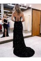 Best V-Neck Sleeveless Long Velvet Sequin Royal Blue Prom Dress with Side Slit