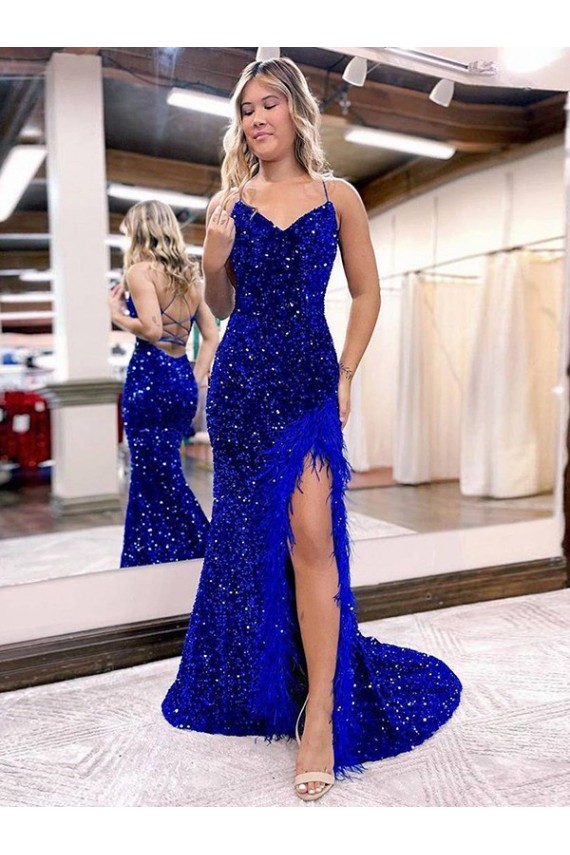 Best V-Neck Sleeveless Long Velvet Sequin Royal Blue Prom Dress with Side Slit
