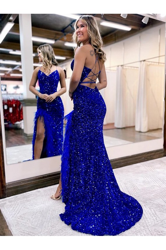Best V-Neck Sleeveless Long Velvet Sequin Royal Blue Prom Dress with Side Slit