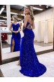 Best V-Neck Sleeveless Long Velvet Sequin Royal Blue Prom Dress with Side Slit