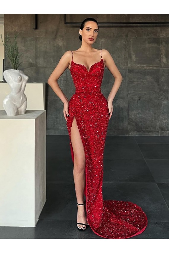 Best V-Neck Sleeveless Long Sweep Train Velvet Sequin Prom Dress with High Side Slit