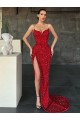 Best V-Neck Sleeveless Long Sweep Train Velvet Sequin Prom Dress with High Side Slit