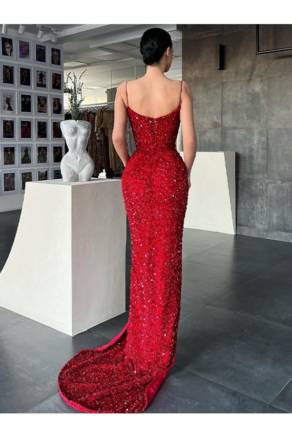 Best V-Neck Sleeveless Long Sweep Train Velvet Sequin Prom Dress with High Side Slit
