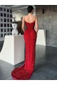 Best V-Neck Sleeveless Long Sweep Train Velvet Sequin Prom Dress with High Side Slit