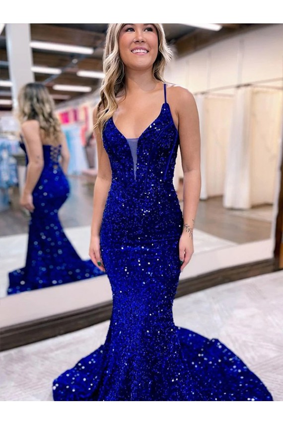 Best Mermaid V-Neck Sleeveless Long Court Train Velvet Sequin Prom Dress