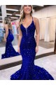 Best Mermaid V-Neck Sleeveless Long Court Train Velvet Sequin Prom Dress