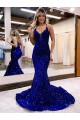 Best Mermaid V-Neck Sleeveless Long Court Train Velvet Sequin Prom Dress