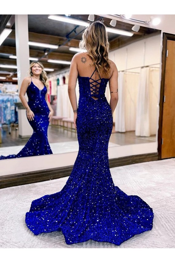 Best Mermaid V-Neck Sleeveless Long Court Train Velvet Sequin Prom Dress