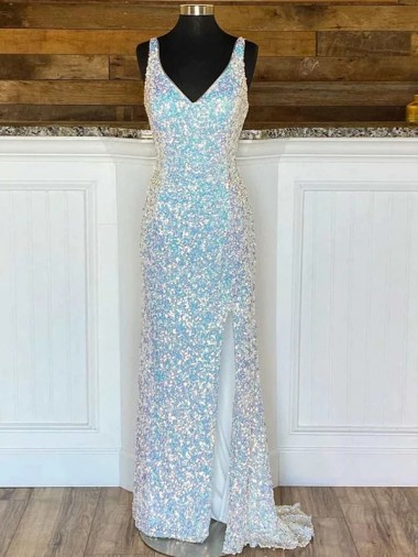 Best V-Neck Sleeveless Long Sweep Train Velvet Sequin Prom Dress