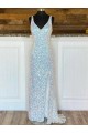 Best V-Neck Sleeveless Long Sweep Train Velvet Sequin Prom Dress