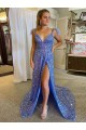 Best A-Line V-Neck Sleeveless Long Court Train Velvet Sequin Prom Dress with High Slit