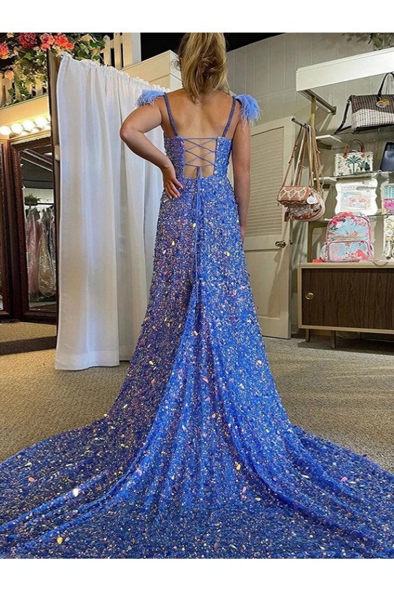 Best A-Line V-Neck Sleeveless Long Court Train Velvet Sequin Prom Dress with High Slit