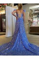 Best A-Line V-Neck Sleeveless Long Court Train Velvet Sequin Prom Dress with High Slit