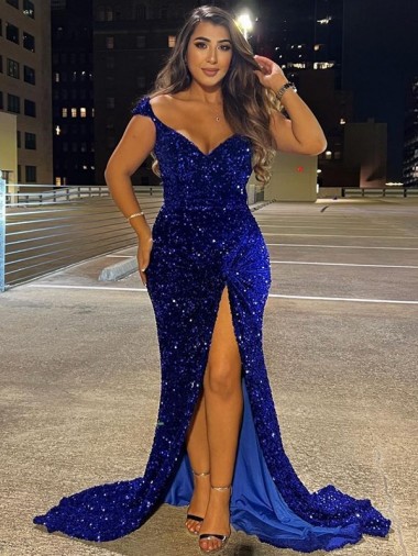 Best V-Neck Sleeveless Long Sweep Train Velvet Sequin Prom Dress with Slit