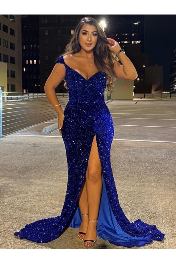 Best V-Neck Sleeveless Long Sweep Train Velvet Sequin Prom Dress with Slit