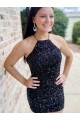Best Halter Sleeveless Short Velvet Sequin Prom Dress