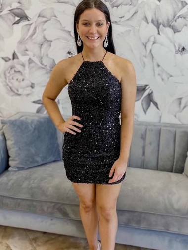 Best Halter Sleeveless Short Velvet Sequin Prom Dress