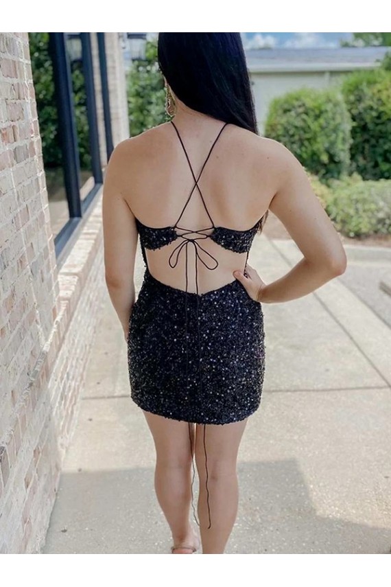 Best Halter Sleeveless Short Velvet Sequin Prom Dress