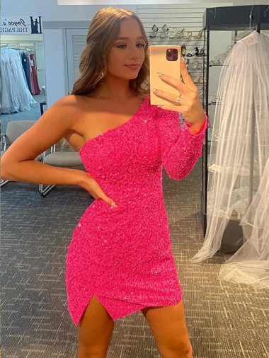 Best Short Velvet Sequin One Shoulder Long Sleeves Prom Dress
