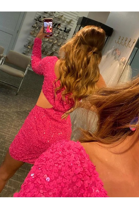Best One Shoulder Long Sleeves Short Velvet Sequin Prom Dress