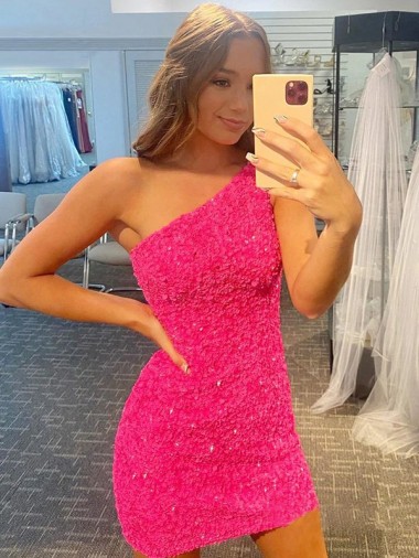 Best Short One Shoulder Sleeveless Velvet Sequin Prom Dress