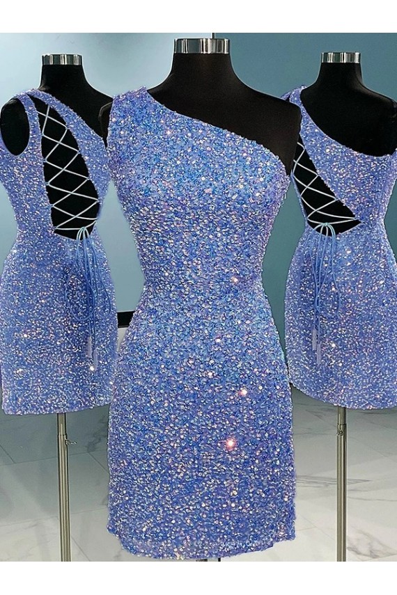 Best Short Velvet Sequin One Shoulder Sleeveless Prom Dress