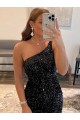 Best One Shoulder Sleeveless Short Velvet Sequin Prom Dress