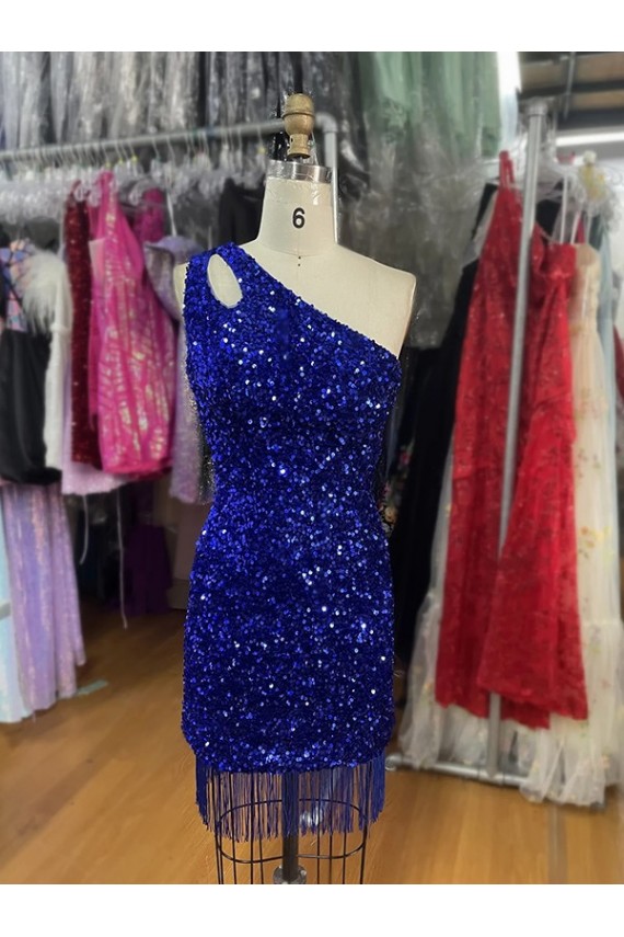 Best One Shoulder Keyhole Sleeveless Short Velvet Sequin Prom Dress