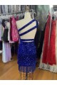 Best One Shoulder Keyhole Sleeveless Short Velvet Sequin Prom Dress